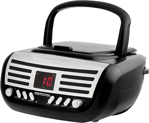 Memorex Reproductor de CD de carga superior AMFM  Estéreo portátil con memoria programable  Entrada auxiliar y pantalla LED (negro, CD Boombox retro)