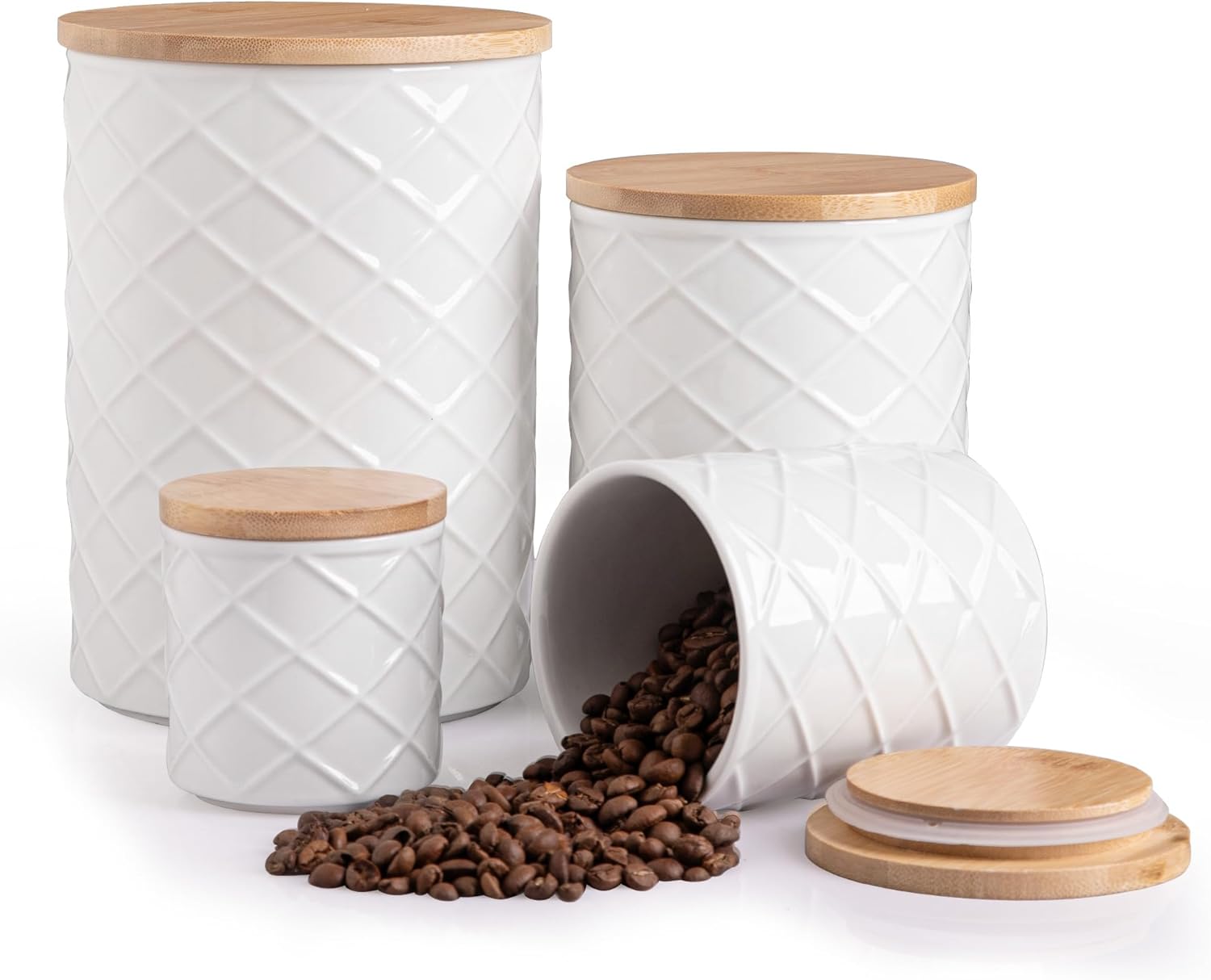 Sweejar Ceramic Canisters Sets for Kitchen Countertop, Relief Food Storage Jar with Bamboo Lid, Stackable Container for Flour, Coffee, Pasta, Cereal, Tea, Cookies, Sugar, Spices, Pack of 4 (White) White Exquisite relief patterns design