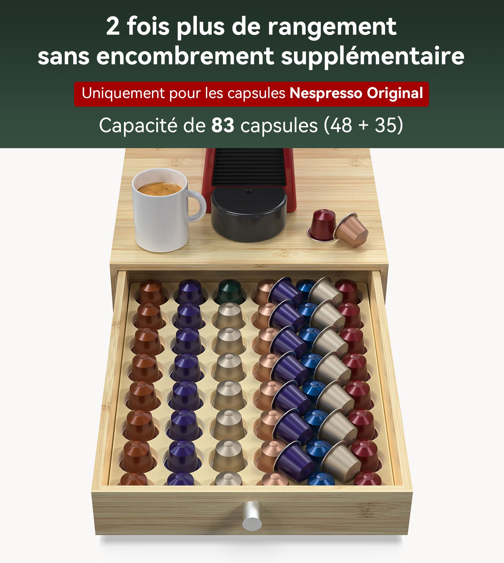 WELL WENG pour Original Line Nespresso avec 1 Tiroir - Rangement 48 Capsules Capacité - bambou (36,8 x 29,7 x 8,1 cm)