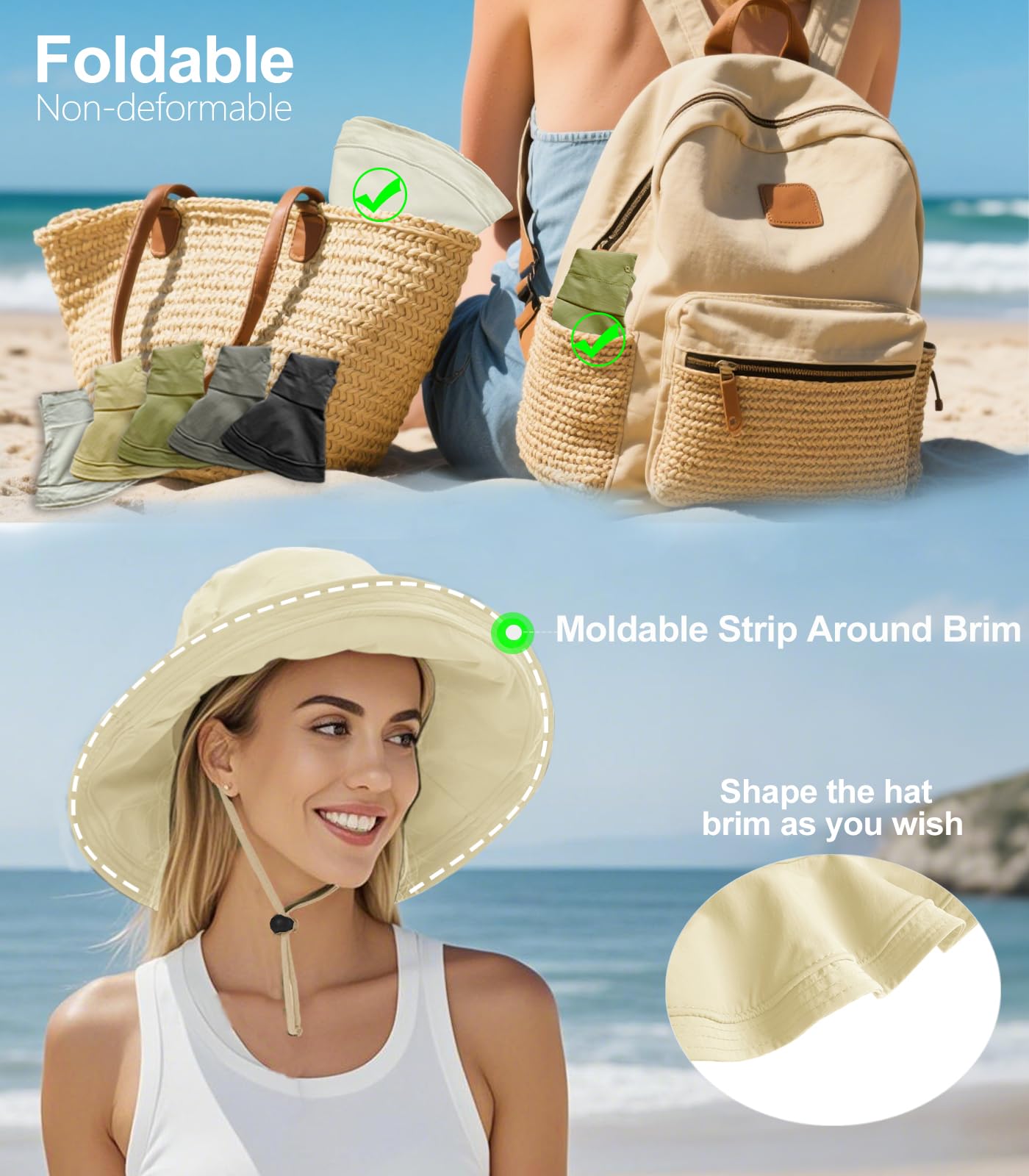 Sun Hats for Women, Wide Brim Waterproof Bucket Hat, Summer Beach Packable Ponytail Hat,UPF 50+ UV Protection