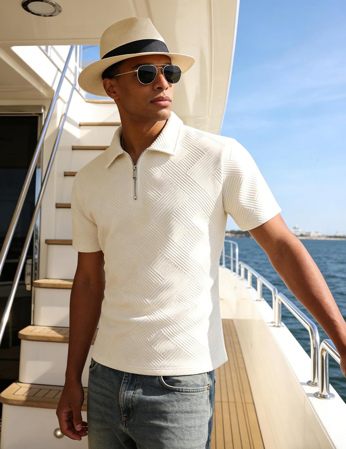 UOUA Men's Zipper Polo Shirts Short Sleeve Sweatshirts Soild Color Tops Striped Texture Casual Golf T - Image 4