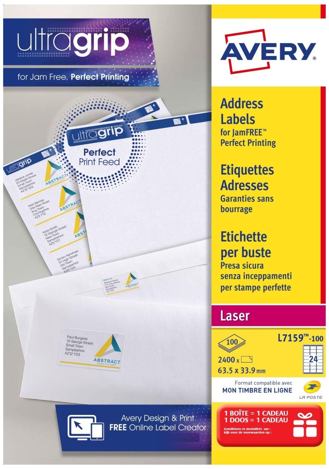 Avery Étiquettes Autocollantes Blanches, 2400 Pièces, L7159-​100, 63,​5 x 33,​9mm, Papier A4, Feuille A4, Pour Imprimantes Laser, Anti-​Bourrage, FSC Certifiées, Pour adressage et expédition