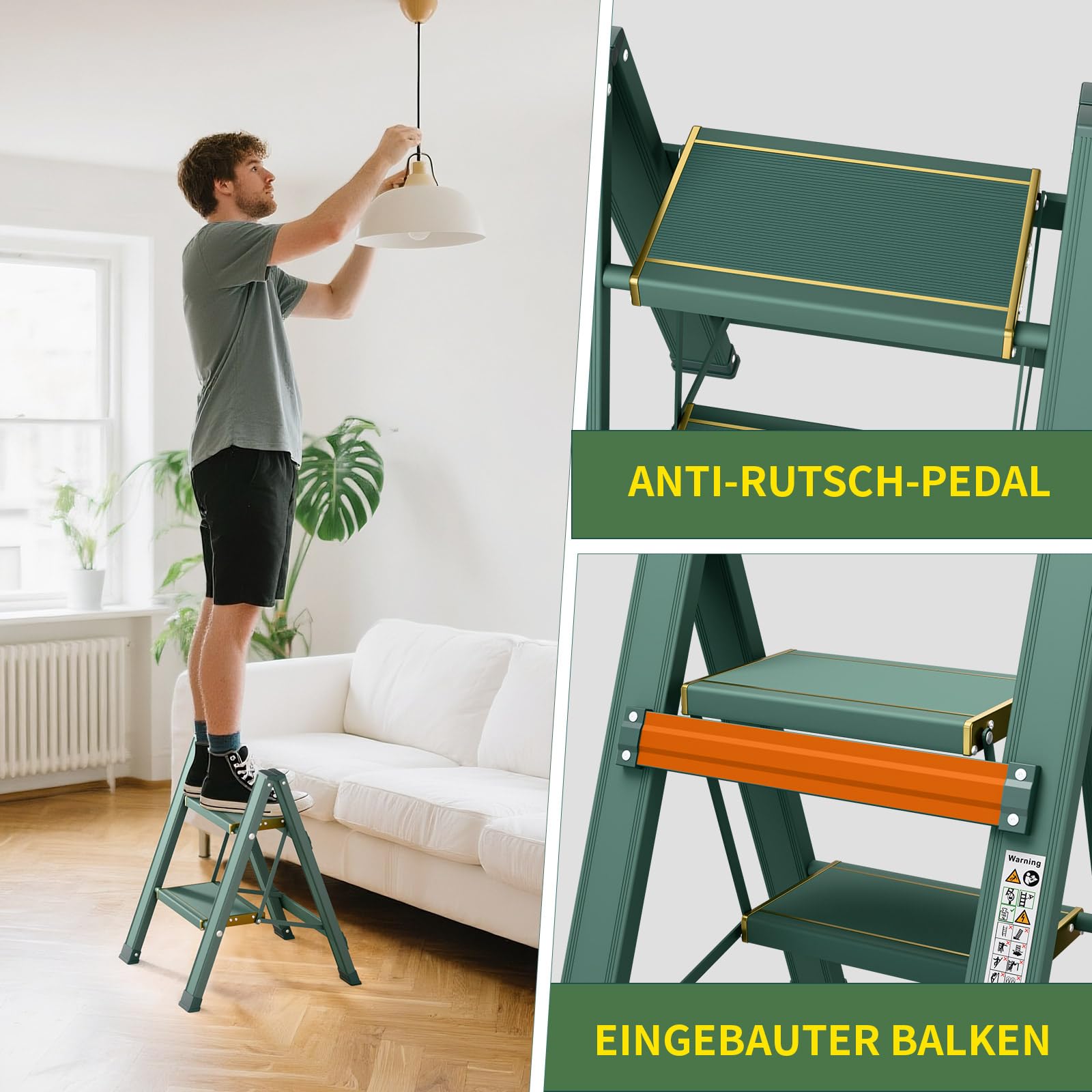 KULACO Escabeau 2 marches pliable, capacité 150 kg avec larges pédales antidérapantes, échelle pliante en aluminium, échelle multifonctionnelle pour la maison, la garde-manger, intérieur et extérieur
