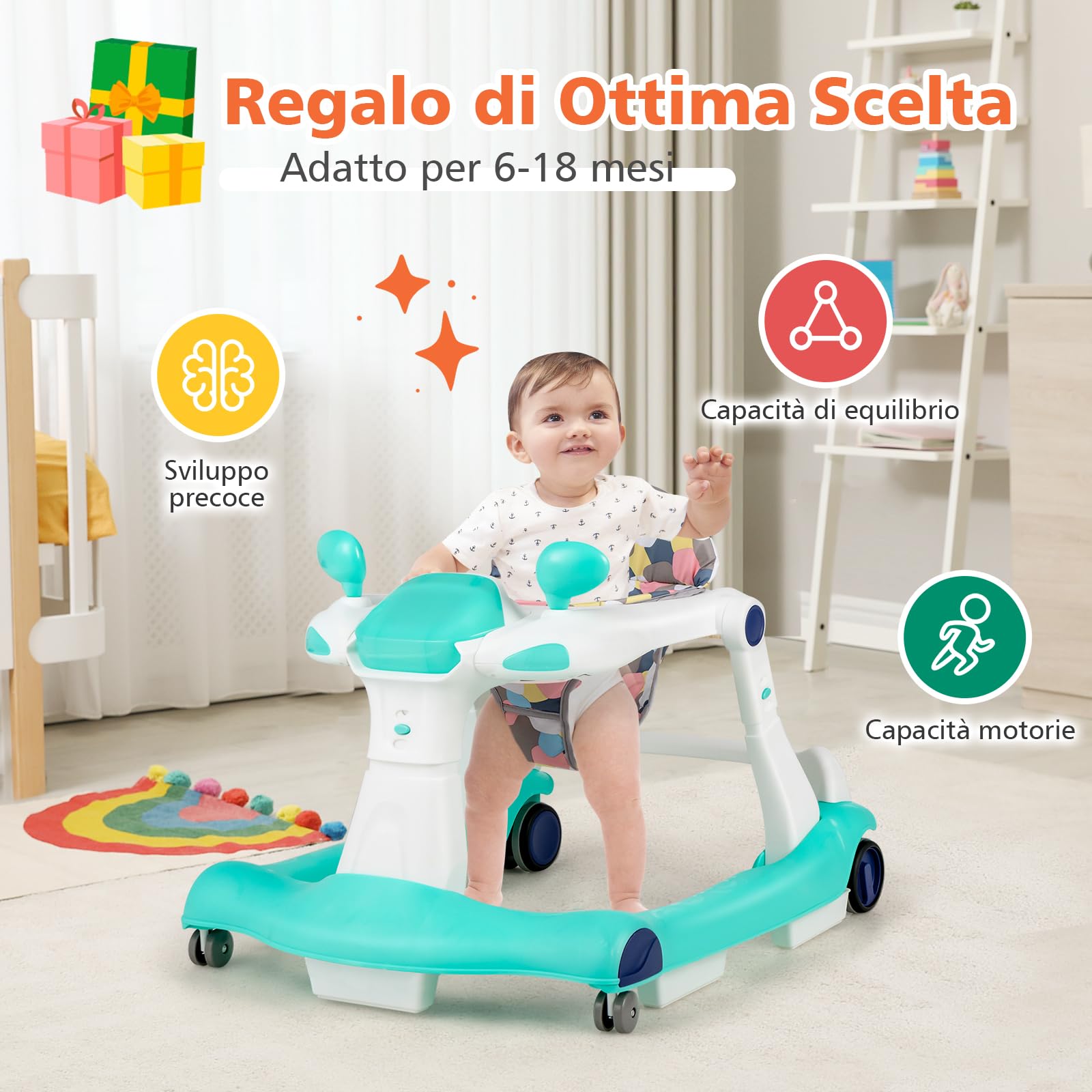 RELAX4LIFE 2 in 1 Girello Neonato 6-18 Mesi, Primi Passi Pieghevole per Bambini con Altezza e Velocità Regolabili, Musica e Luce, Cuscino Rimovibile e Lavabile, Fino a 15 KG (BLU)