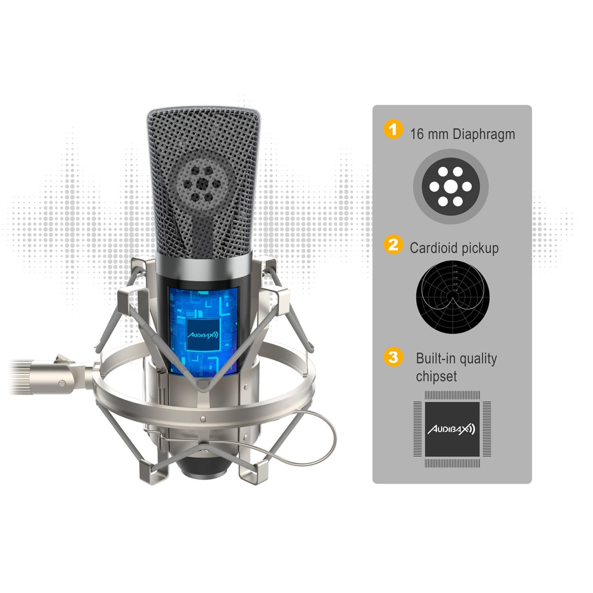 Audibax Berlin 1800 Silver Pro Studio mikrofon Condesandor, w zestawie uchwyt, anty-pop i kabel, zakres częstotliwości 20 Hz/20 kHz, mikrofon polarny, kardioid, srebrny