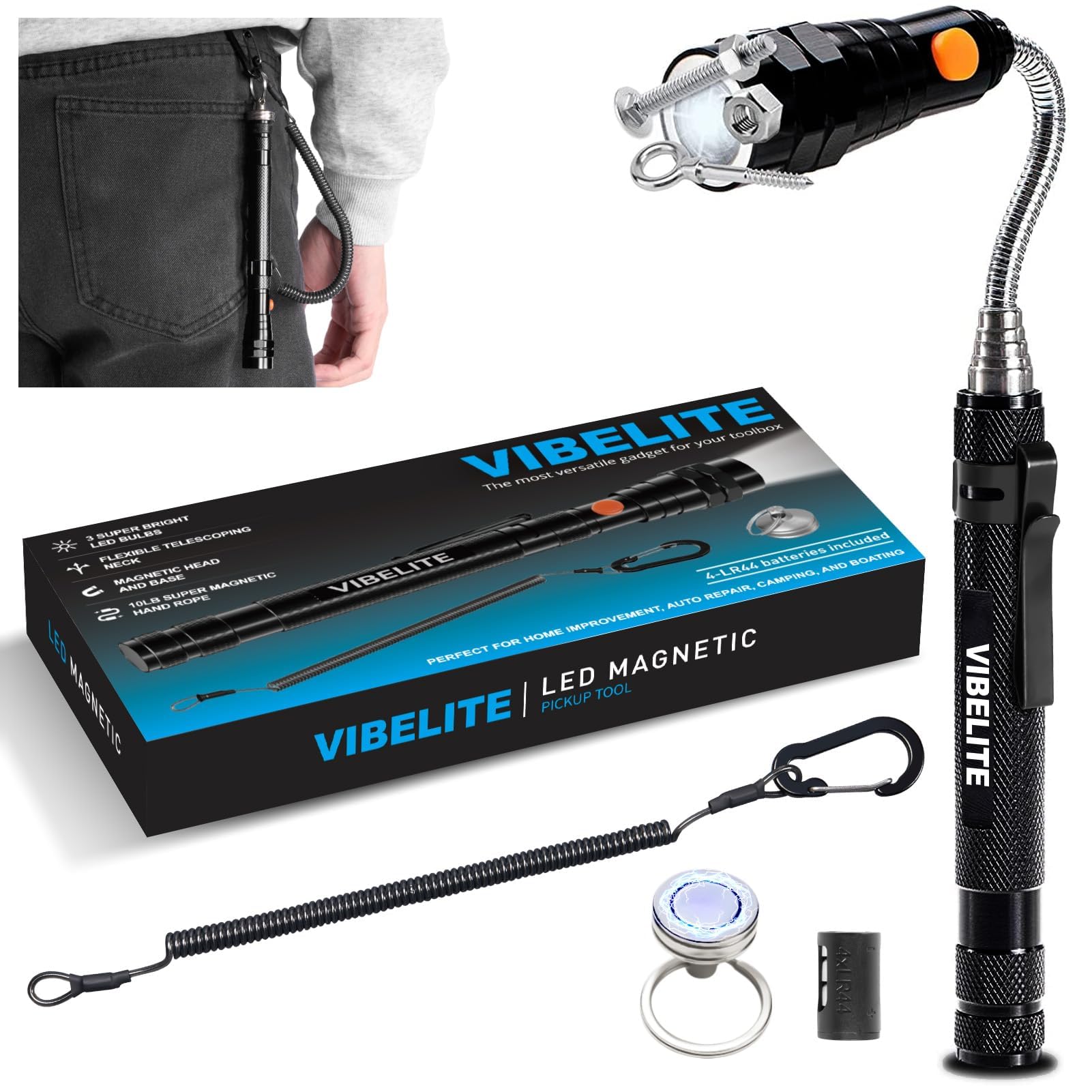 VIBELITE Gifts for Men, Magnetic Flashlight with Tool Magnetic Lanyard, Telescoping Magnet Pickup Tool, Cool Gadgets Valentines Day Gifts for Him, Men