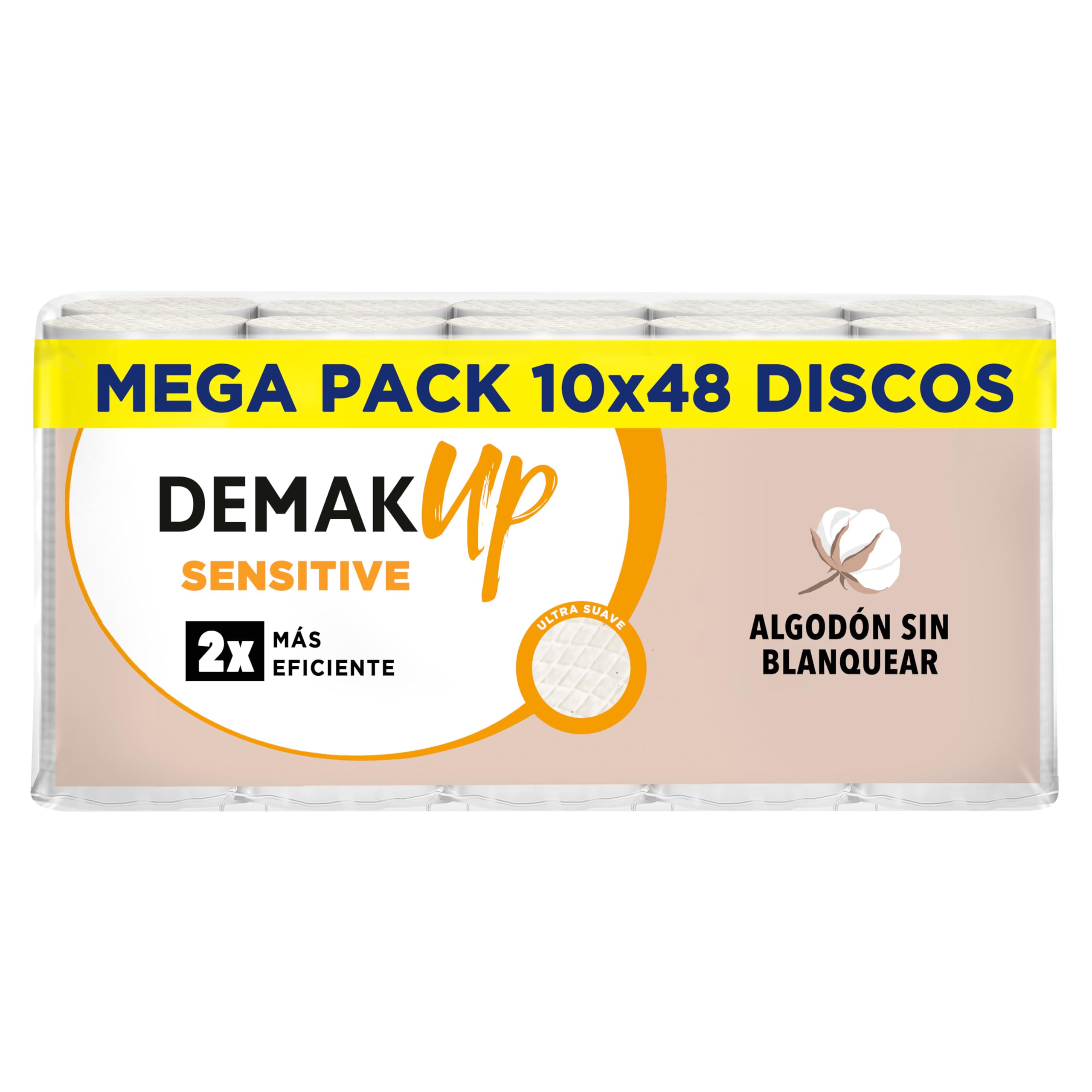 Demak'Up Sensitive 10x48 Discos de algodón desmaquillantes Ovalados - Fibra de Algodón Natural Sin Blanquear - 480 Discos de algodón