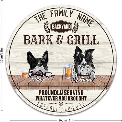 Miniatura 7 de Letrero redondo de hojalata con texto en inglés "Backyard Barks and Grill" de Boston Terrier y Presa Canario de metal para mascotas, nombre de