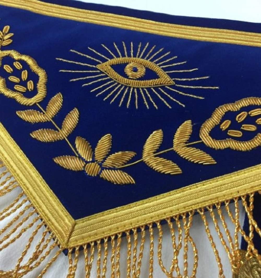 Masonic Blue Lodge Past Master Gold Handmade Embroidery Apron Blue Velvet (Lambskin)