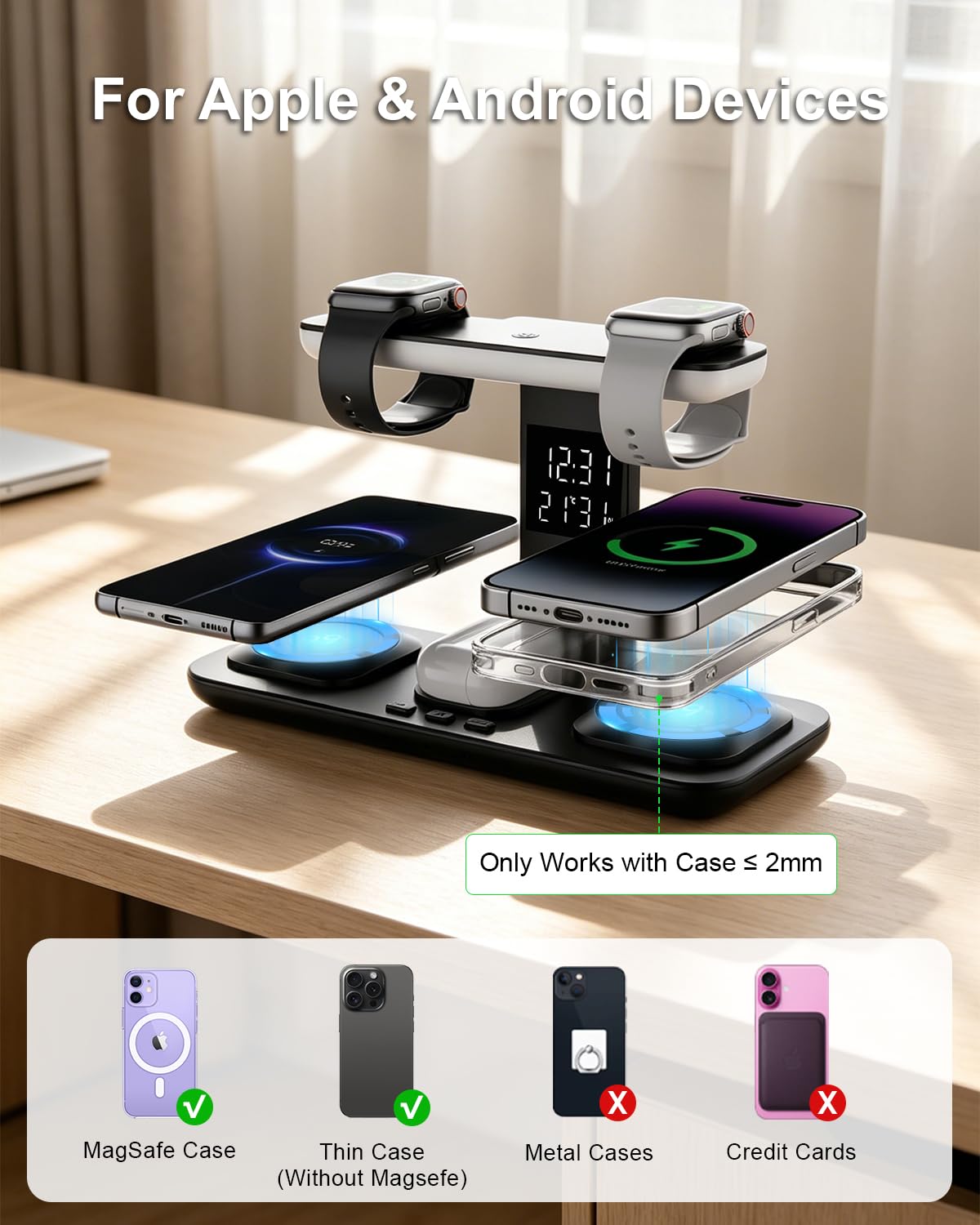 Stazione di Ricarica Wireless 5 in 1 con Orologio e Luce Notturna, Caricatore Doppio per 2 Telefoni e 2 Orologi, Compatibile con iPhone 17 16 15 14 Pro Max, Samsung, Apple Watch, Galaxy Watch, AirPods