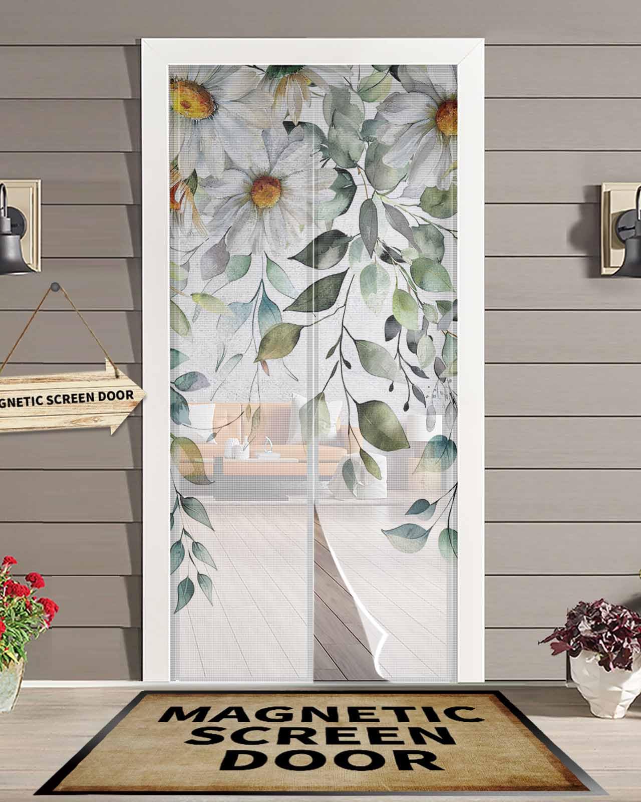 Magnetisches Fliegengitter mit Eukalyptus-Frühlingsmotiv (Aquarellmuster), strapazierfähiger, selbstabdichtender Vorhang für Schiebetüren (einflügelig, französisch).