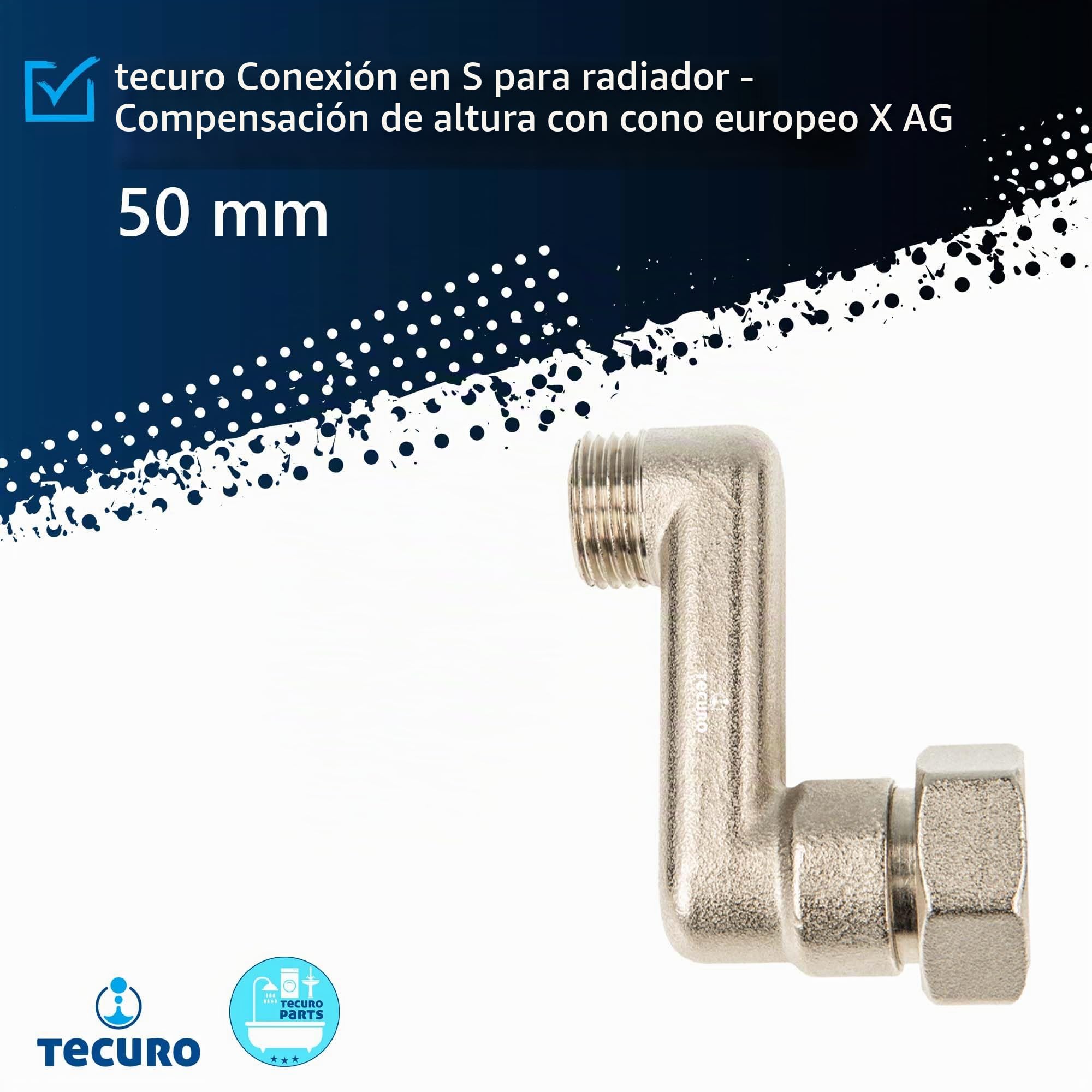 TECURO Conexión S para radiador con ajuste de altura de 50 mm, cono europeo, DN 15 (1/2 pulgada) macho x DN 20 (3/4 pulgada) tuerca de unión niquelada en latón, AGS-50