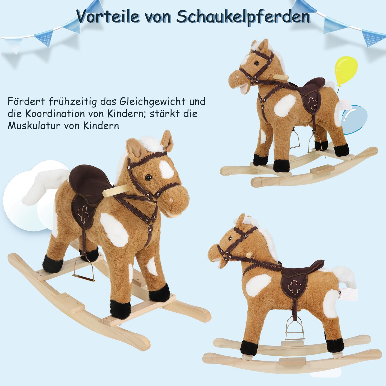 WOLTU Schaukelpferd für Babys 18-36 Monate, Plüsch Schaukelpferd mit Soundfunktion, Schaukeltier mit Haltegriffen und Fußstützen, Babyspielzeug aus Massivholz und Metall, bis 50 kg