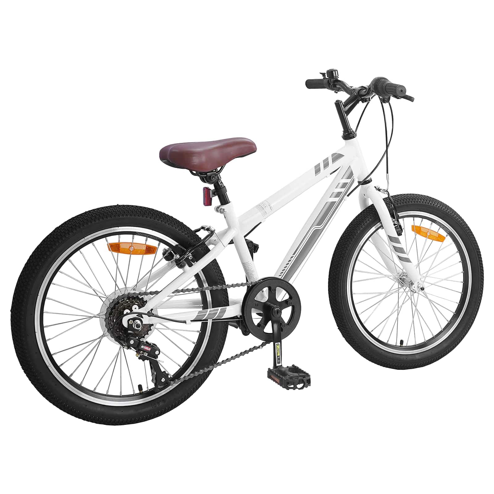Bicicleta de montaña de 24 pulgadas, color blanco, para 8 – 12 años, con cambio de 6 velocidades, manillar y asiento ajustables, marco de acero para terreno, viajeros y ocio, incluye timbre