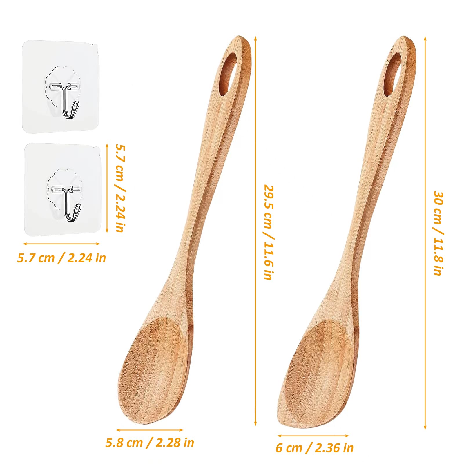 2 cucharas de madera de bambú para cocinar, cuchara de esquina de madera, espátula de bambú, con ganchos adhesivos, cuchara de cocina de madera para cocinar en casa, utensilios de cocina