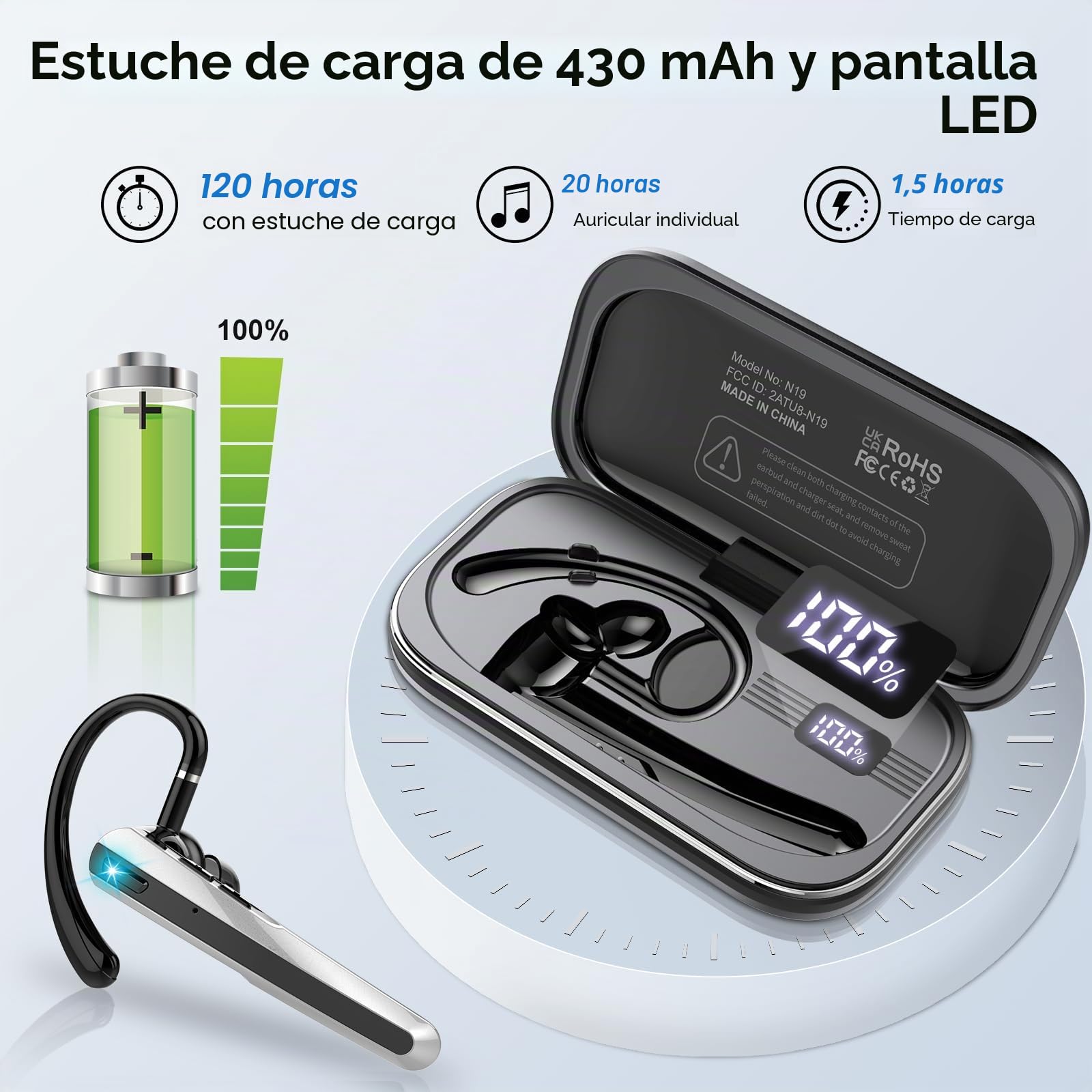 Manos Libres Auricular Bluetooth V5.3, Auriculares inalambricos Bluetooth con Doble Micrófono Cancelación, 20H de Conversación, 120H en Espera, Manos Libres Oreja para Negocios/Conducir/Oficina, Negro