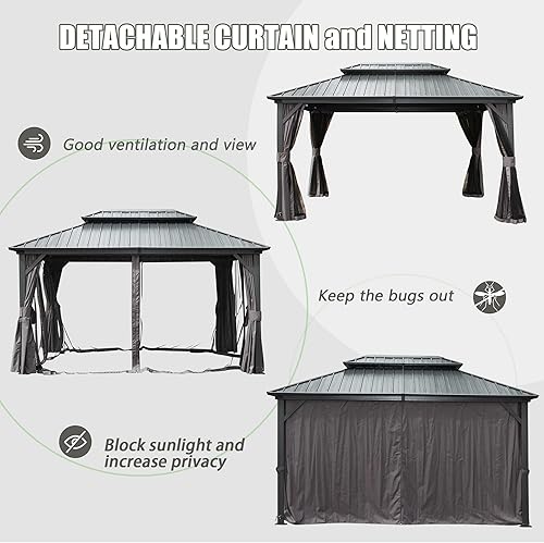 Miniatura 6 de Domi Gazebos de techo rígido de 12 x 14 pies, cenador de metal de aluminio con toldo de doble techo de acero galvanizado, cortina y red, pabellón