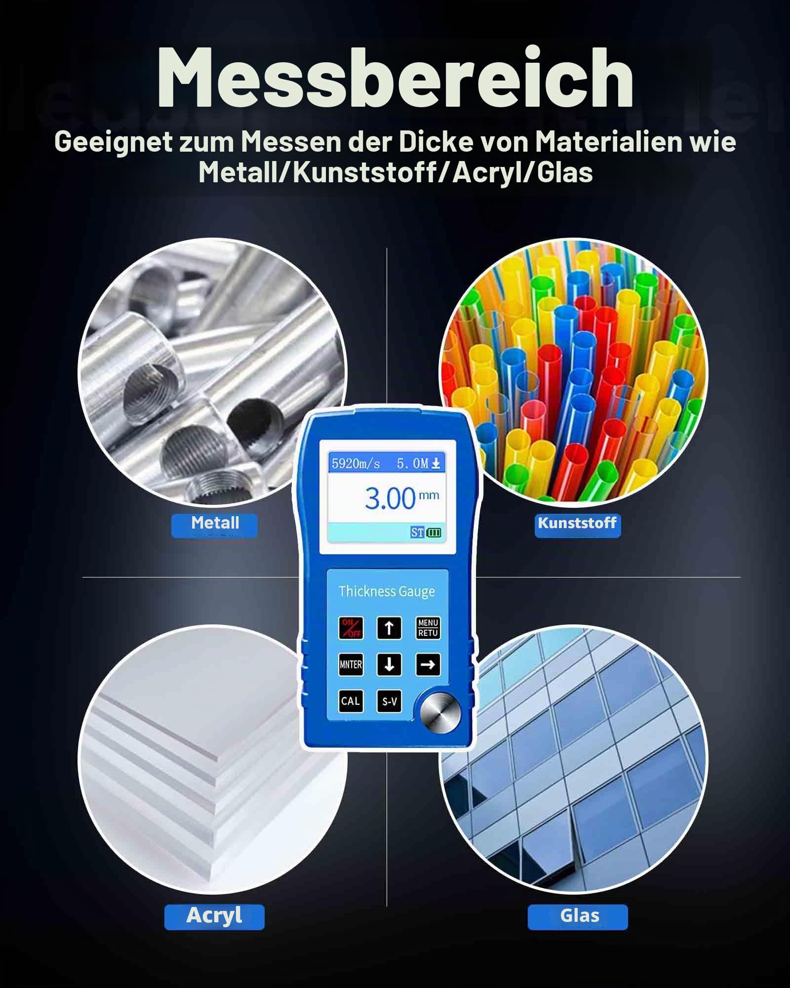 Ultraschall-Dickenmessgerät DR83S 0,9–300 mm, 2.3" Farbdisplay, Genauigkeit 0,1 mm, Thickness Gauge Meter für Metall/Kunststoff/Stahl/Glas, Datenspeicher für 2000 Gruppen, Kein Haftvermittler