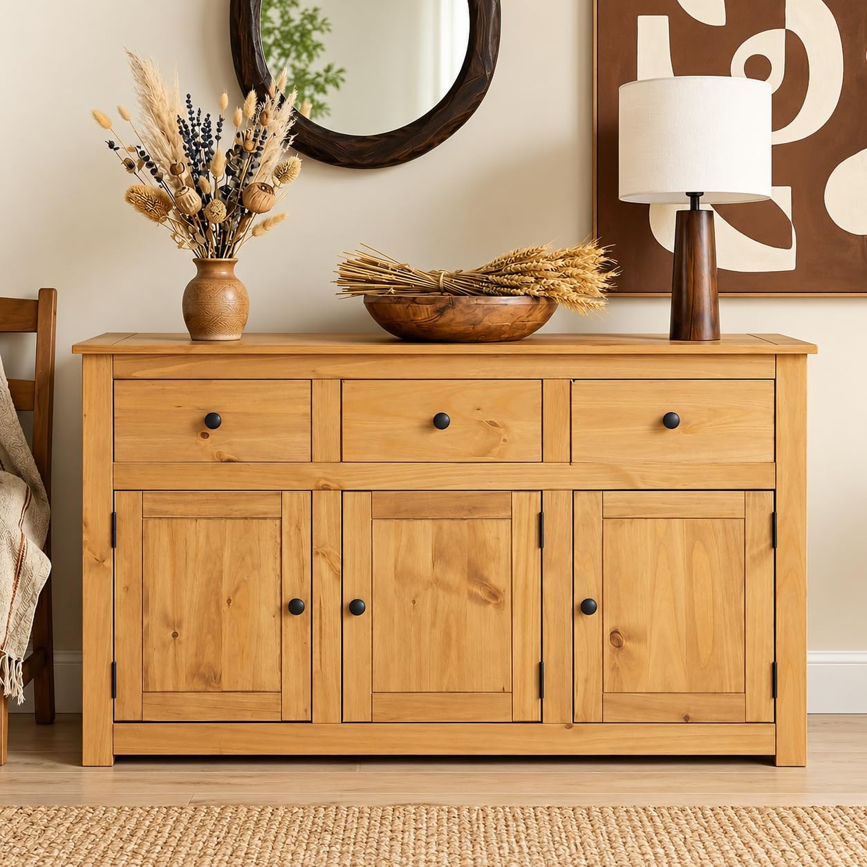 Mews Panama Country Sideboard 3 Door 3 Drawer Cabinet Solid Pine Light Fiesta Wax