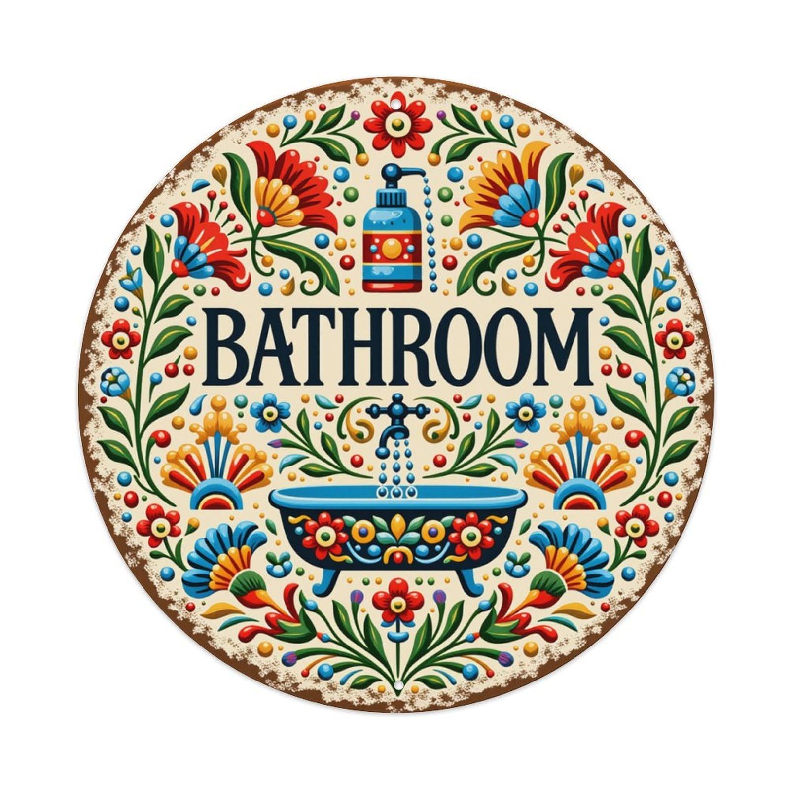 Floral Pattern With Bathtub And Soap Dispenser Round Tin Sign Retro Metal Sign for Cafe Bar Pub Home Game Room Gym Club Wall Decoration Vintage Metal Poster 8x8 Inch