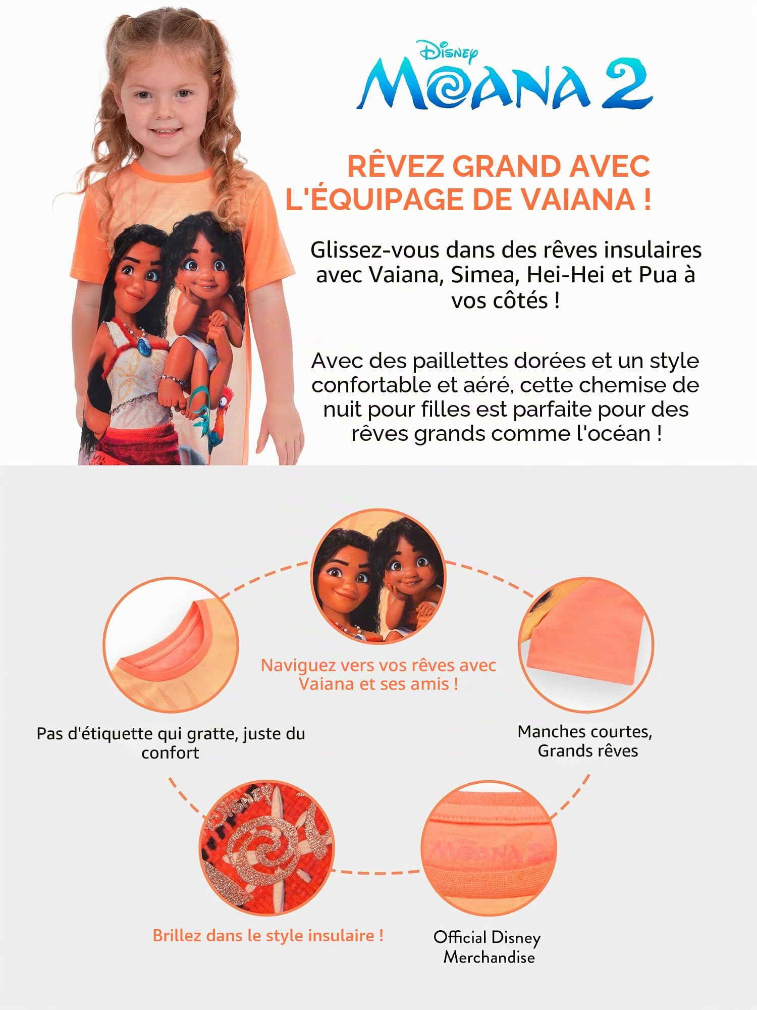 Disney Chemise De Nuit Fille | Pyjama Fille Moana 2 | Chemises De Nuit Fille Manche Courte