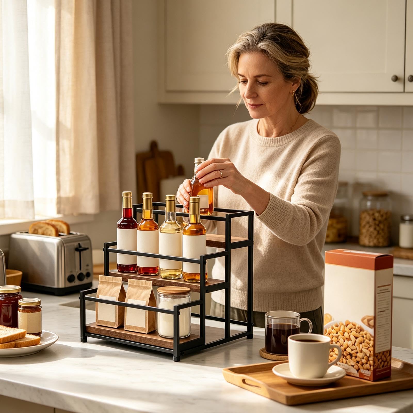 Na Butelki Z Syropem Kawowym 3-poziomowe rustykalne vintage przechowywanie | Regał Na Butelki Z Syropem Do Wnętrz Szafek Kuchennych, Spiżarni, Domowego Baru I Kuchni