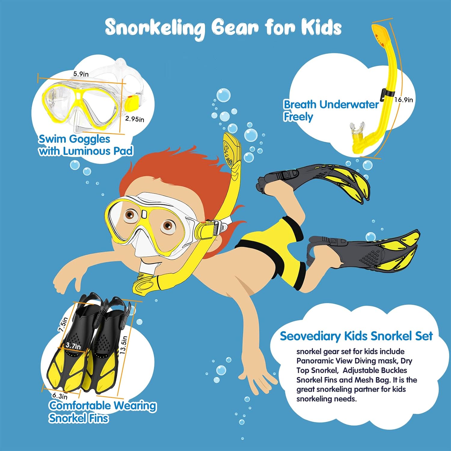Kids Snorkel Set, Mask Fins Snorkeling Gear for Kids Anti-Fog Swim Goggles 180 Panoramic View Dry Top Snorkel and Dive Flippers Combo with Travel Bag for Snorkeling Training Swimming Diving - Image 4