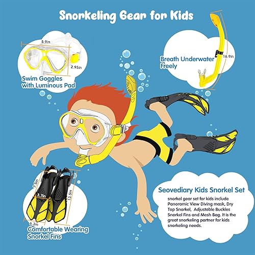 Miniatura 4 de Juego de esnórquel para niños, aletas de máscara, equipo de esnórquel para niños, gafas de natación antivaho con vista panorámica, 180 grados de