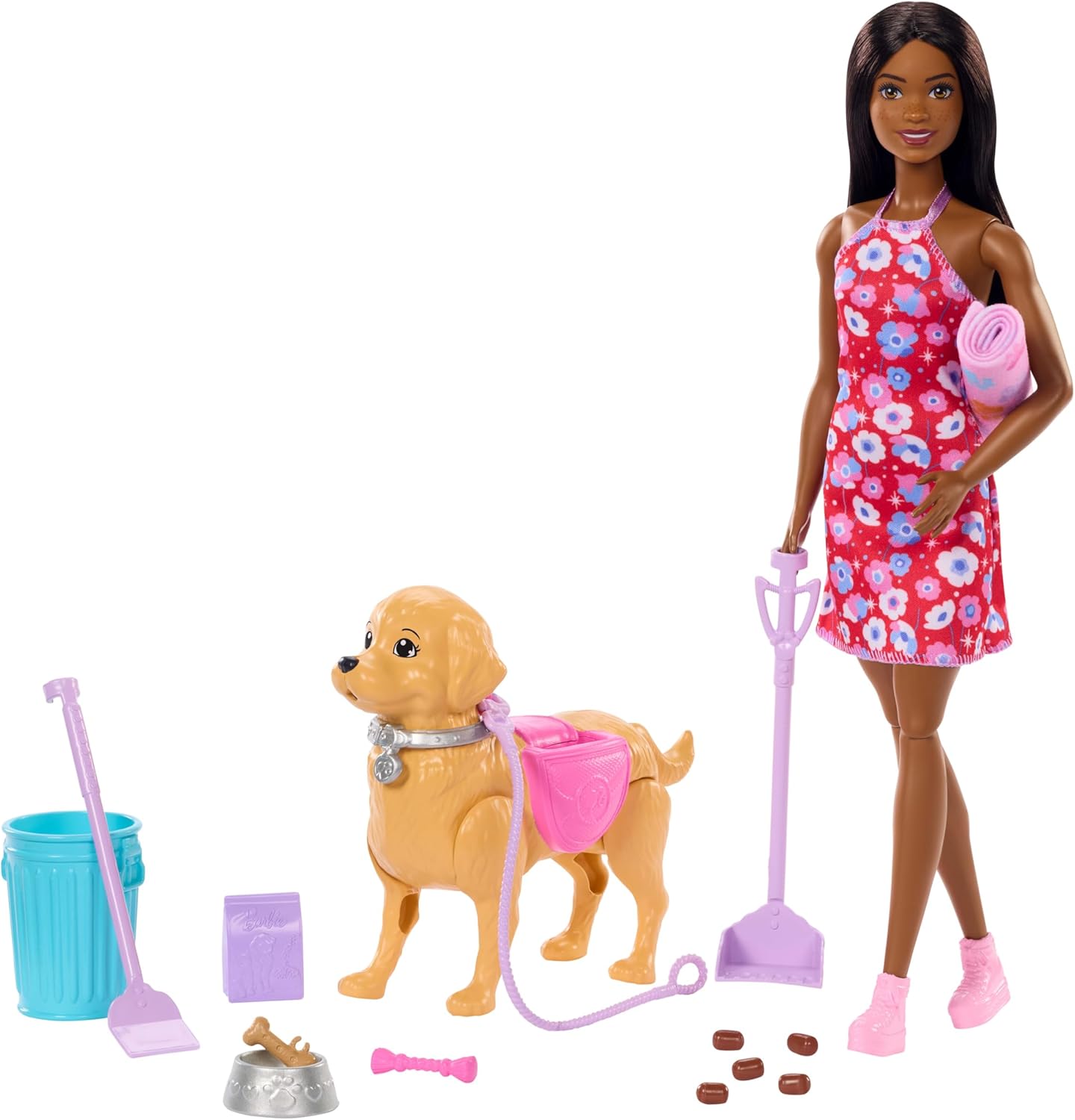 Barbie JJB47 Walking and Needs Puppy Set with Dog Walking and Needs Broklyn Doll, Shovel and Accessories for Animals, JJB47