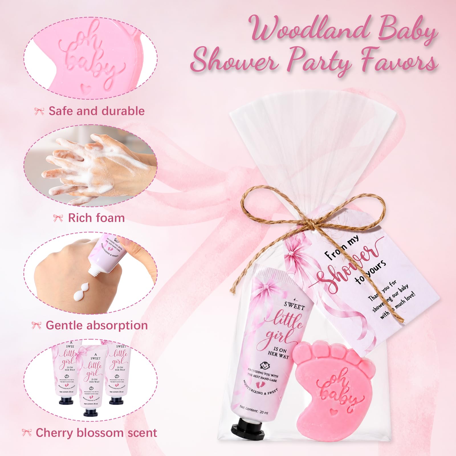 25 juegos de recuerdos de baby shower con lazo rosa para invitados, kit de crema de manos perfumada y jabón de huellas con tarjetas, bolsas de regalo transparentes y cordel para regalos de
