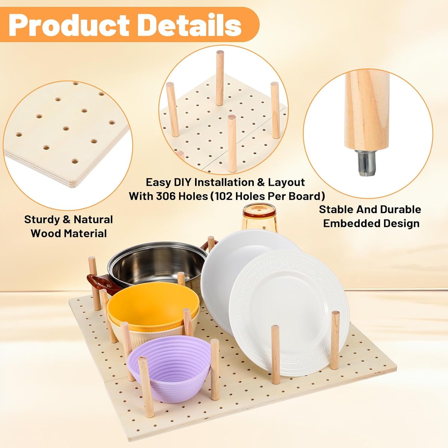 3-Pack Wood Pegboard Drawer Organizer with 24 Adjustable Pegs – Customizable Kitchen Drawer Plate & Utensil Organizer, Natural Wood