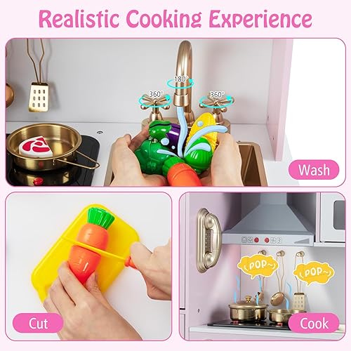 Miniatura 3 de HONEY JOY Juego de cocina para niños, cocina de madera para niños pequeños, microondas, utensilios de cocina, lavadora, campana extractora, juego de