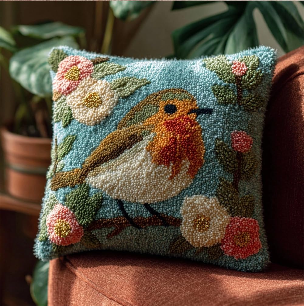 kitphoenix Latch Hook Cushion Kits for Adults Robin and Flowers