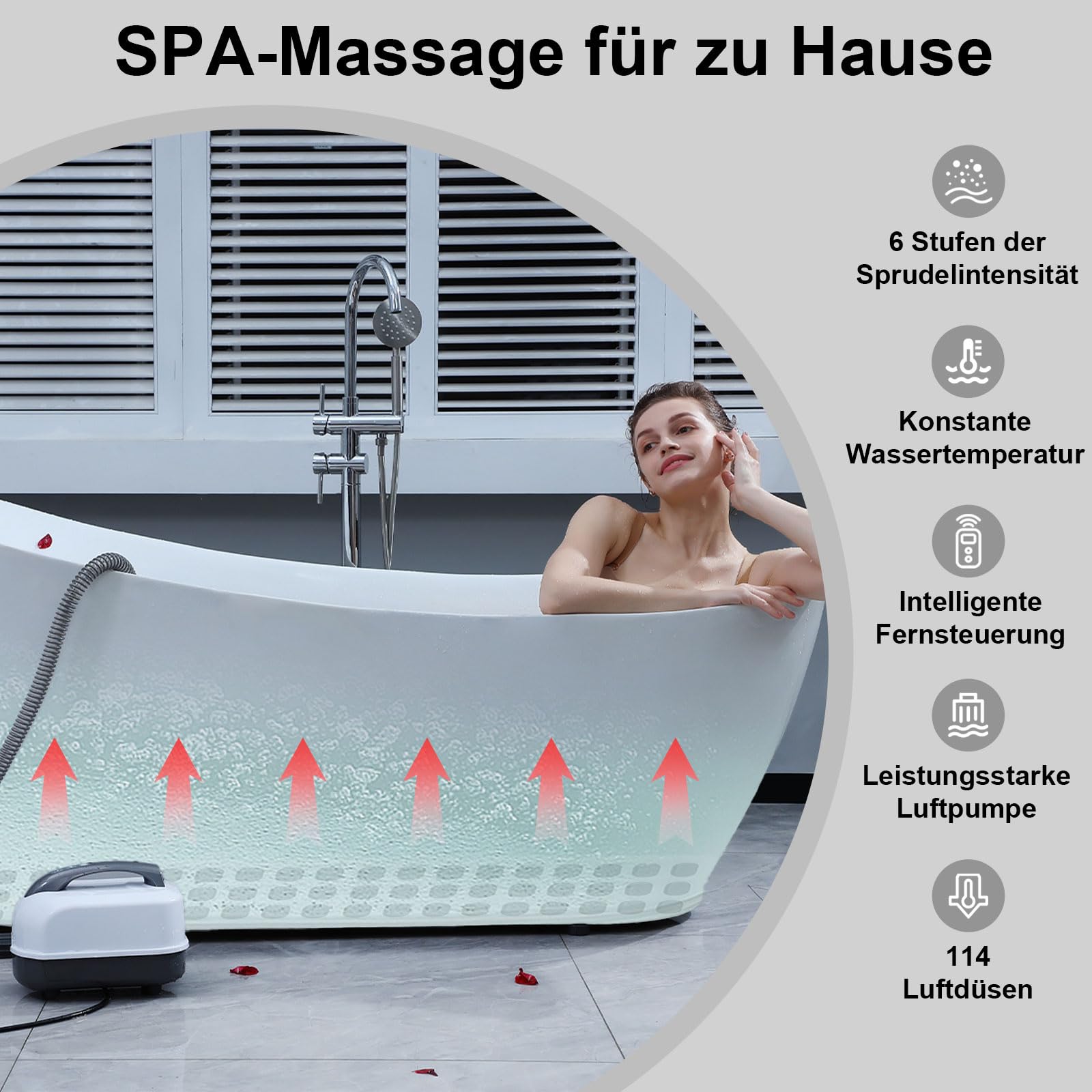 Badewanne Spa Matte, Luftsprudelbad Sprudelmatte, Whirlpool Badewannenmatte mit Kissen, Portable Bubble Bath Massager mit 6 Geschwindigkeit Blasen für Home Relaxation, Anti-Rutsch-Saugnäpfe