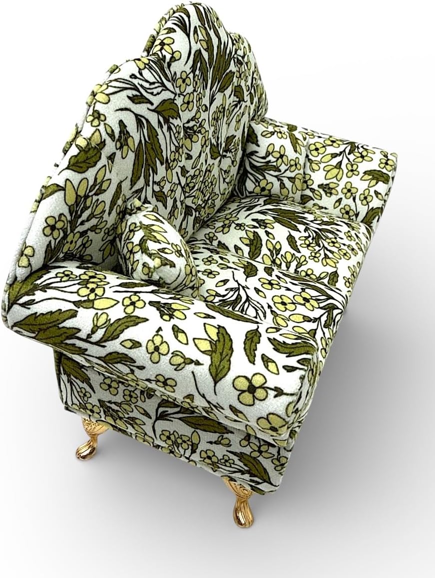 Jewelry Box- Keepsake- Small Upholstered Soft Velvet Mini Sofa, Vintage Green/Mellow Floral Toile Fabric, Decorative Accent Furniture, Dollhouse Scale