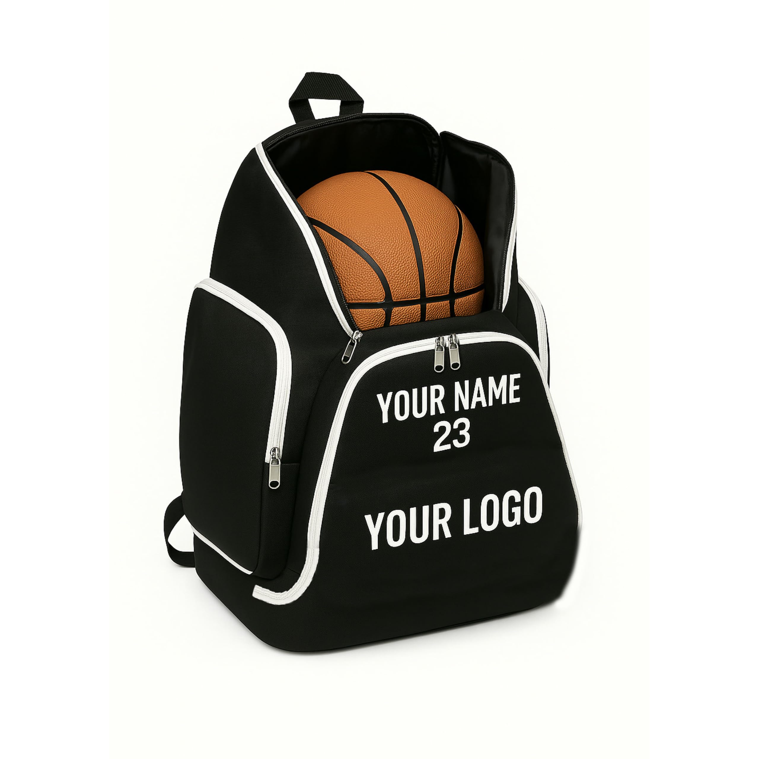 Claycosports Personalized Sports Backpack – Custom Name Gym Bag for Basketball, Soccer, Volleyball, Pickleball – Durable, Large Capacity, Shoe Compartment, All Black, Youth & Adult (White and Black)