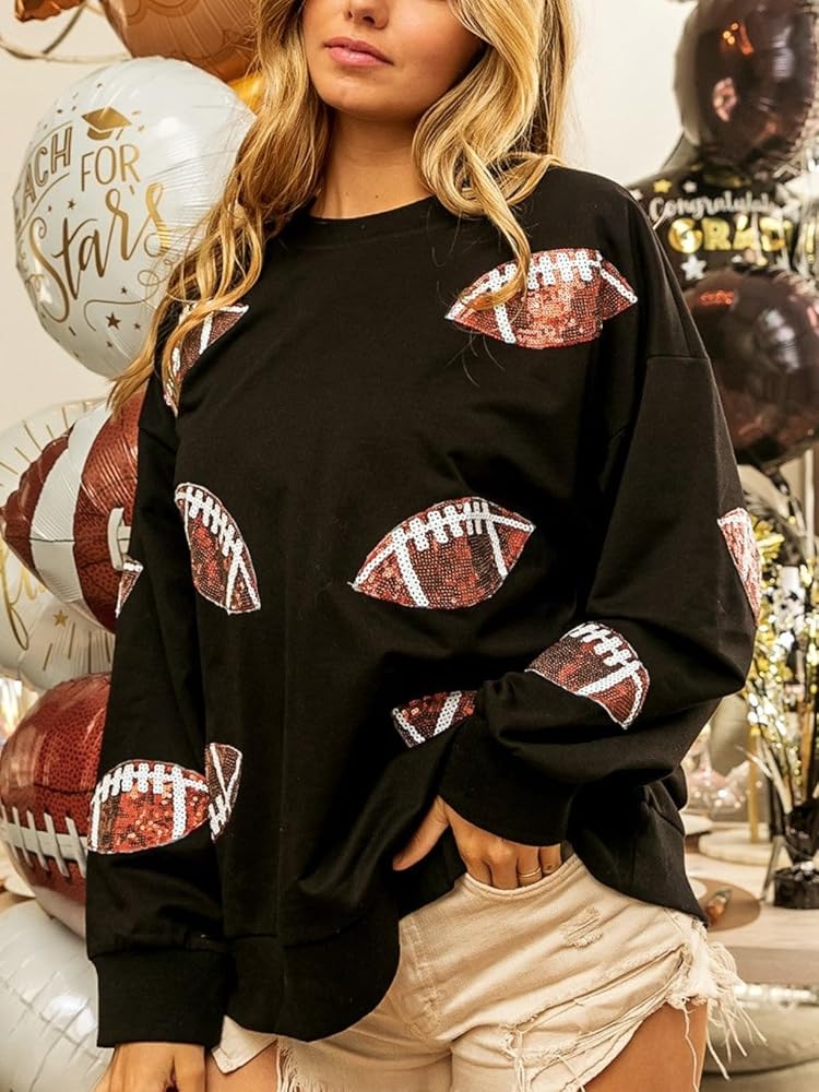 ChiyeeKiss Womens Sparkle Football Sequin Rugby Sweatshirt