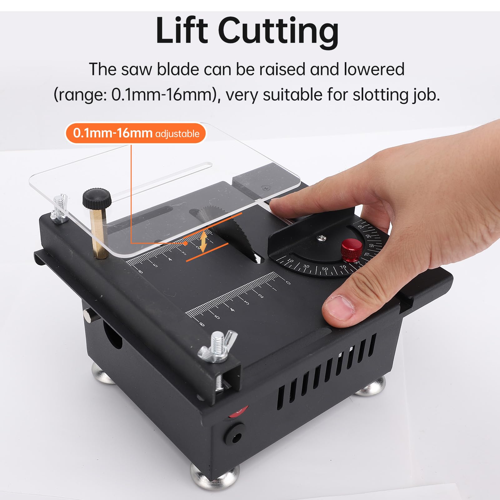 Mini sega circolare da tavolo elettrica per la lavorazione del legno, taglierina per metallo, 7 velocità regolabili, regolazione dell'angolo con diverse lame, profondità di taglio regolabile per legno