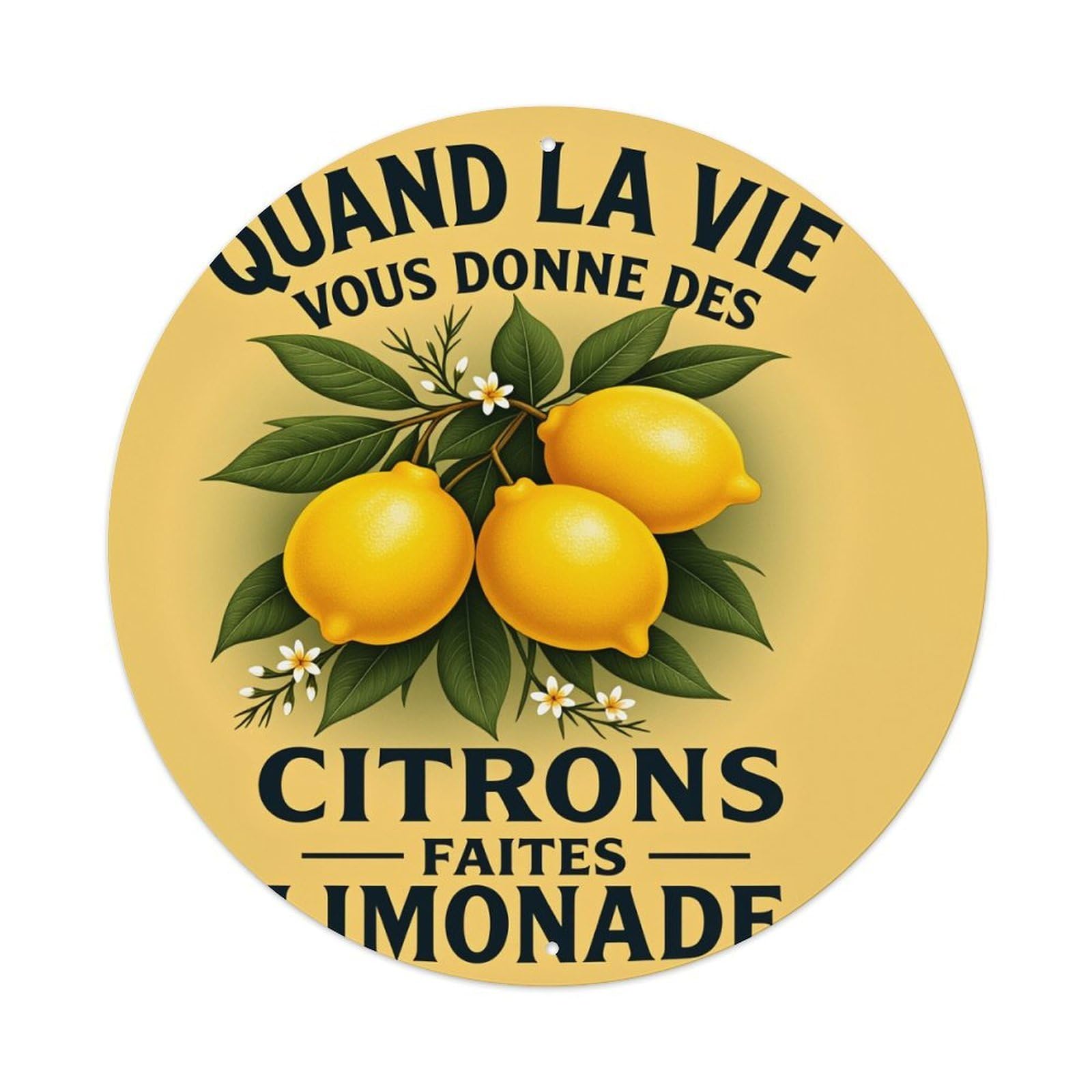 Lemon Branch With Flowers And Leaves Round Tin Sign Vintage Metal Poster Retro Bar, Home, Man Cave, Kitchen, Laundry Room Wall Art Decor Gift 8x8In
