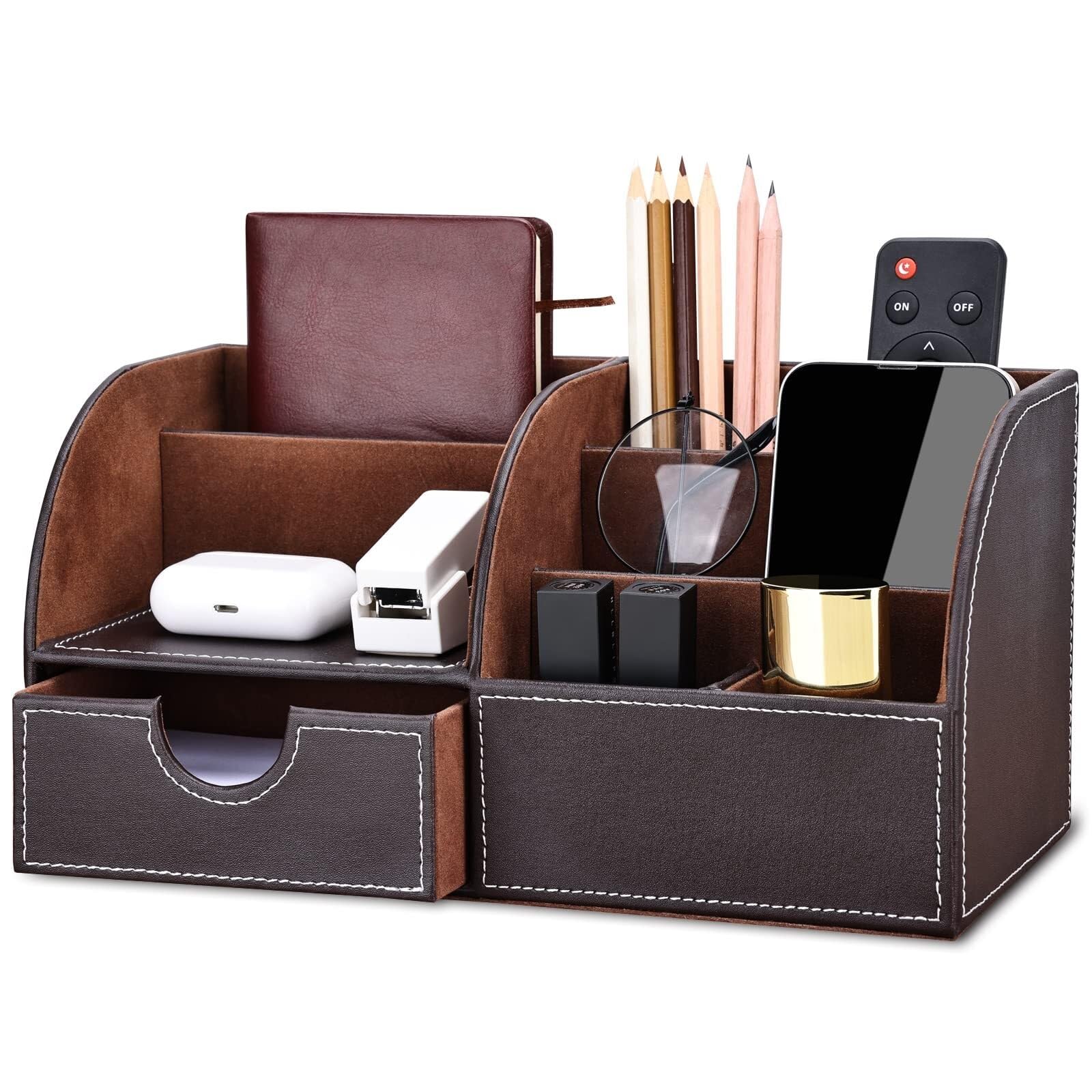 Stifteköcher Stifte Halter PU-Leder-Schreibtisch-Organizer, Stifthalter, 6 Fächer, mit Schubladen-Aufbewahrungsbox Schreibtisch-Organizer(Brown)