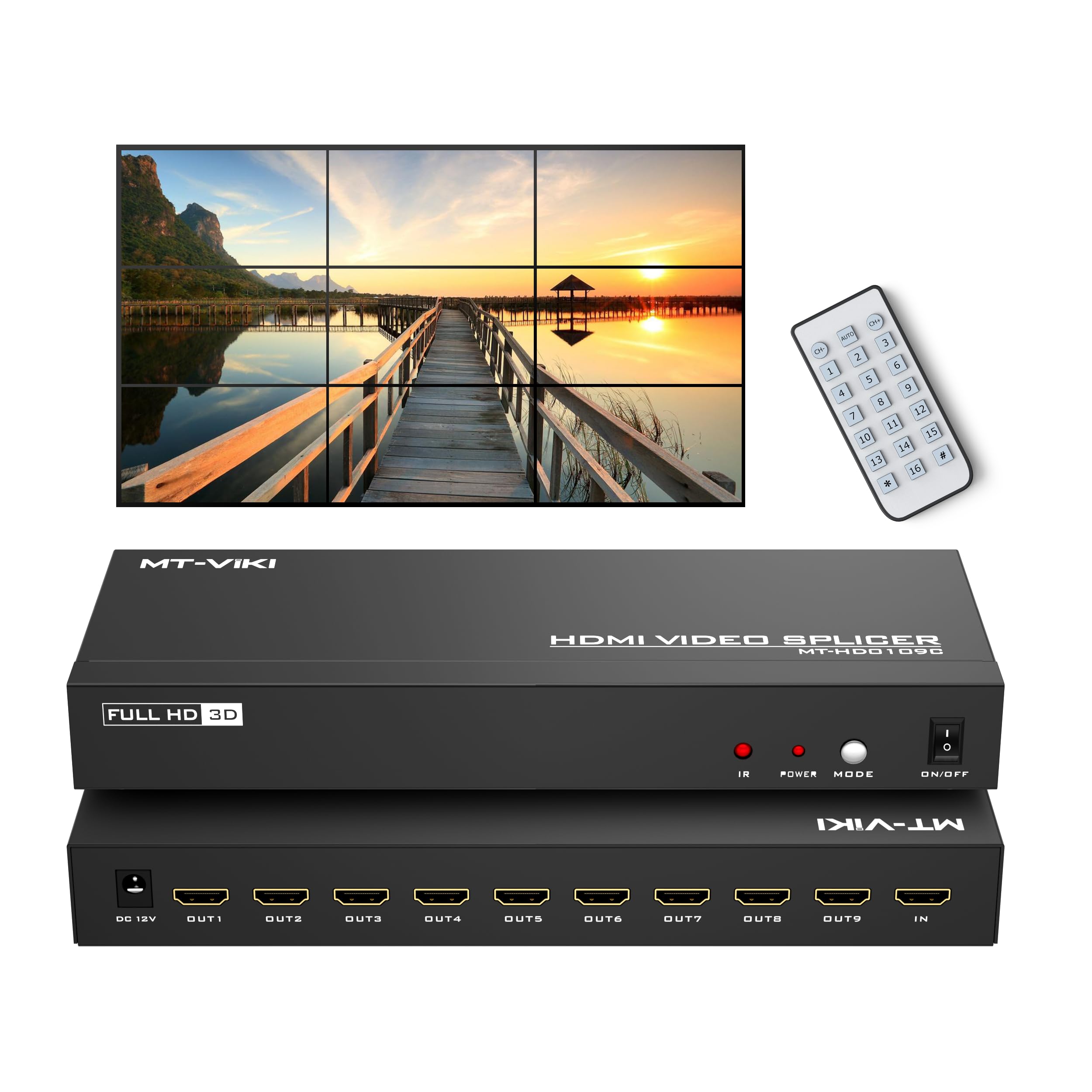MT-VIKI Controller Video Wall 3x3 HDMI 1 In 9 Out 4K@30Hz – 13 Modalità Display, Plug-and-play Con Telecomando IR
