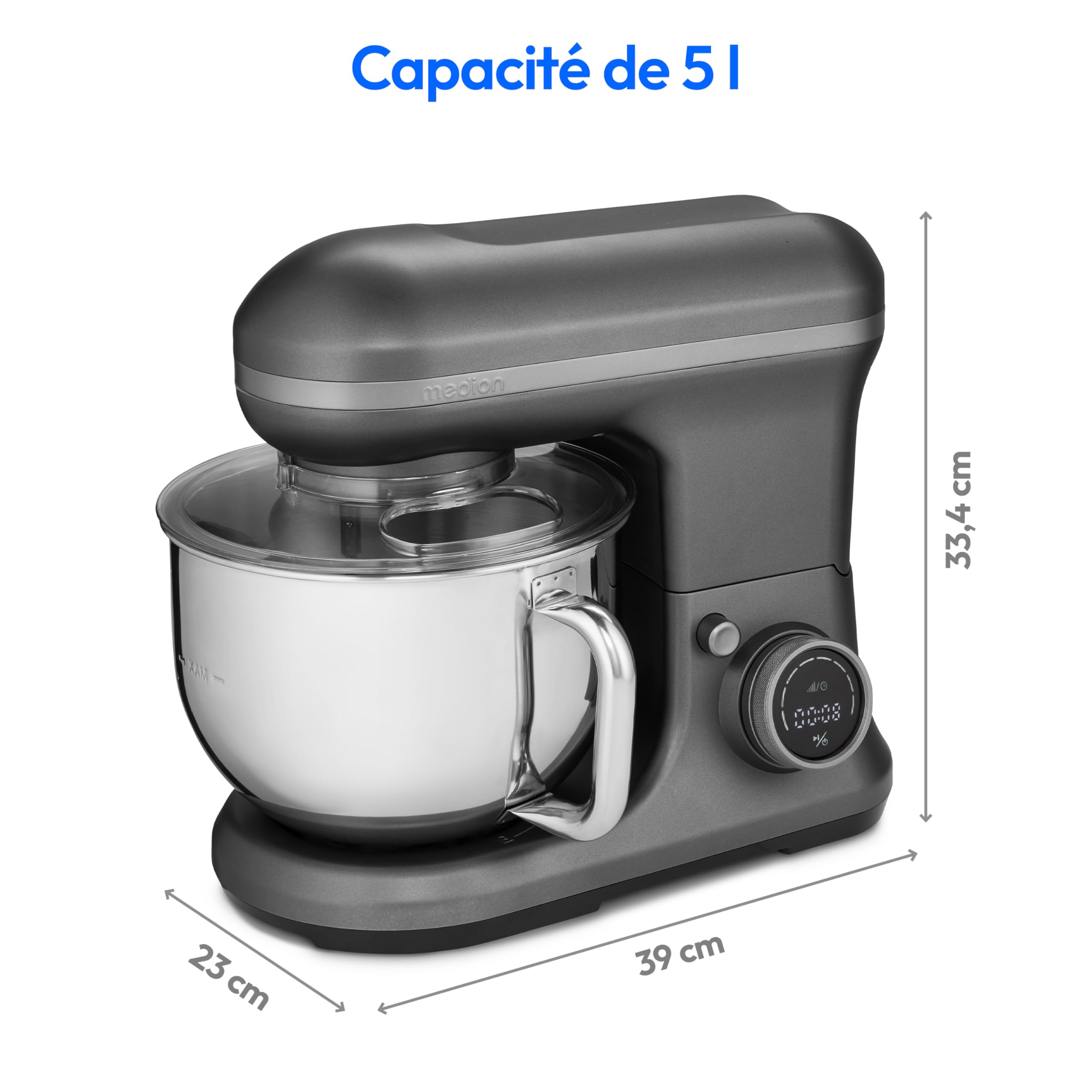 MEDION Robot de cuisine (1 200 watts, 8 vitesses, mélanger pétrir remuer, écran digital, bol en inox de 5 litres, bol à glace pour la préparation de glace, MD18420) Anthracite