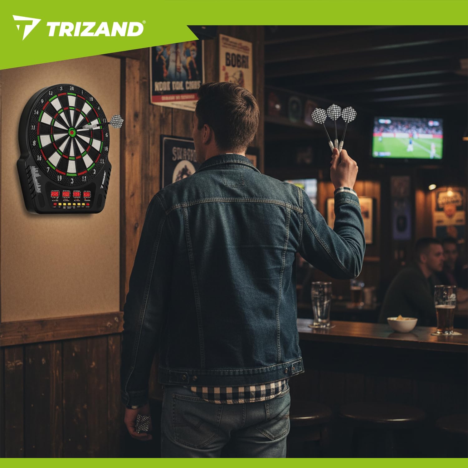 Diana electrónica TRIZAND – 27 juegos, 243 modos – 1 – 16 jugadores – 4 pantallas LCD – Volumen 8 niveles – Juego de puntas suaves: 6 dardos + 24 puntas de repuesto – Red y pilas – Montaje en pared