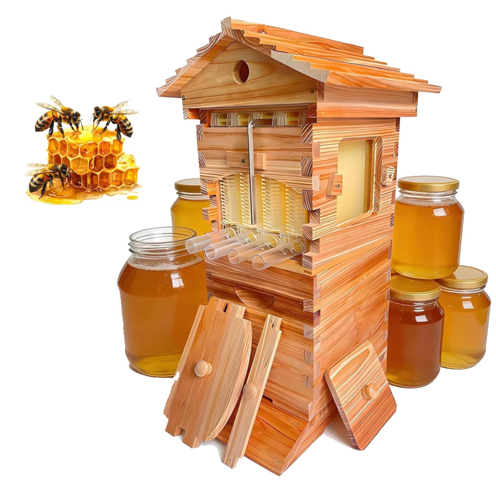 Pvxa Beginner's Complete Bee Hive Kit, Self-Flowing Wooden Bee Hive Box,Beehive Kit, with Observation Window & Honey Spout, for Backyard Beekeepers
