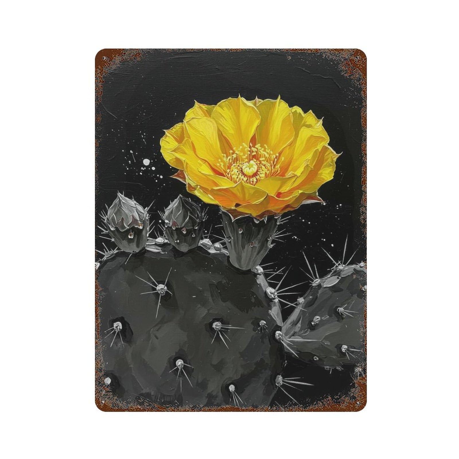 Yellow Cactus Flower on Black Background Vintage Metal Tin Sign 15.7"x11.8", Old School Wall Decor for Living Room, Hallway And Home Decor