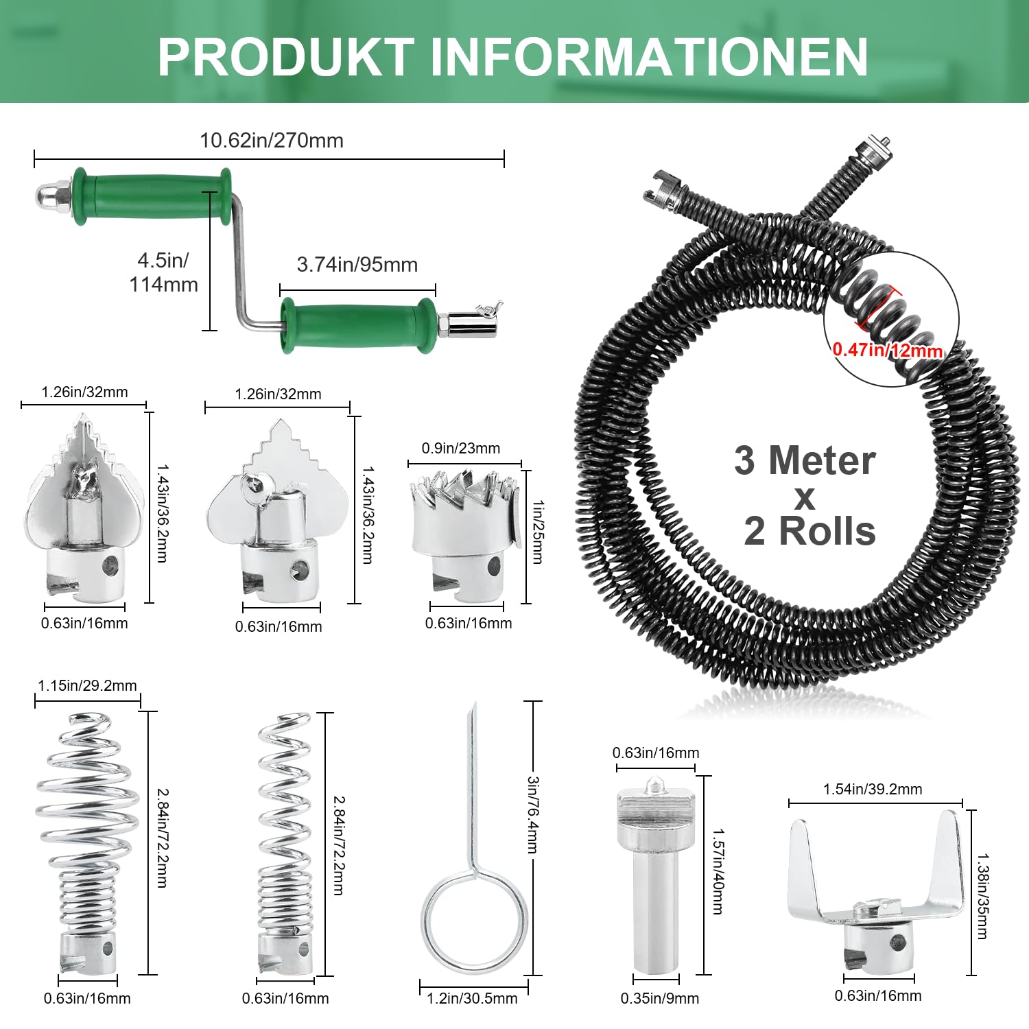 Rohrreinigungsspirale Abflussreiniger Spirale Abfluss Rohrreinigung 3+3m×12mm Rohrspirale Abflussspirale Rohrreinigungswelle Drain Snake mit 6Stk Abflussreiniger Schneidkopf