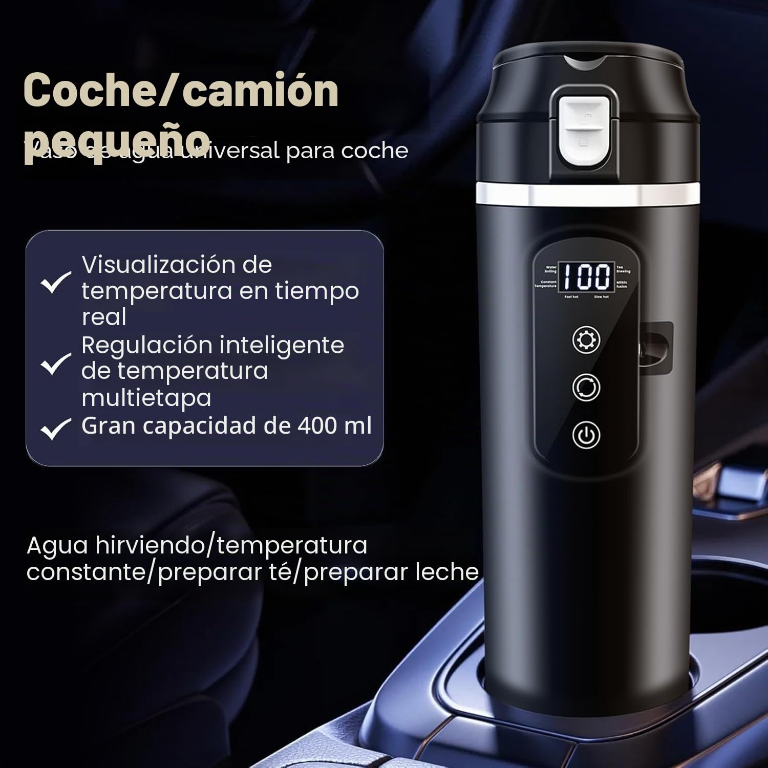Hervidor eléctrico de viaje de coche de 12 V/24 V CC, taza de calefacción de coche de 400 ml con tapa antiderrames, a prueba de fugas, forro de acero inoxidable 304, taza de té portátil de hasta 100