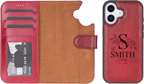 Premium Leather Wallet Case for iPhone 17 Series, RFID Blocking, Detachable 2-in-1 Design with Card Slots, Red Cowhide Folio Cover with Football