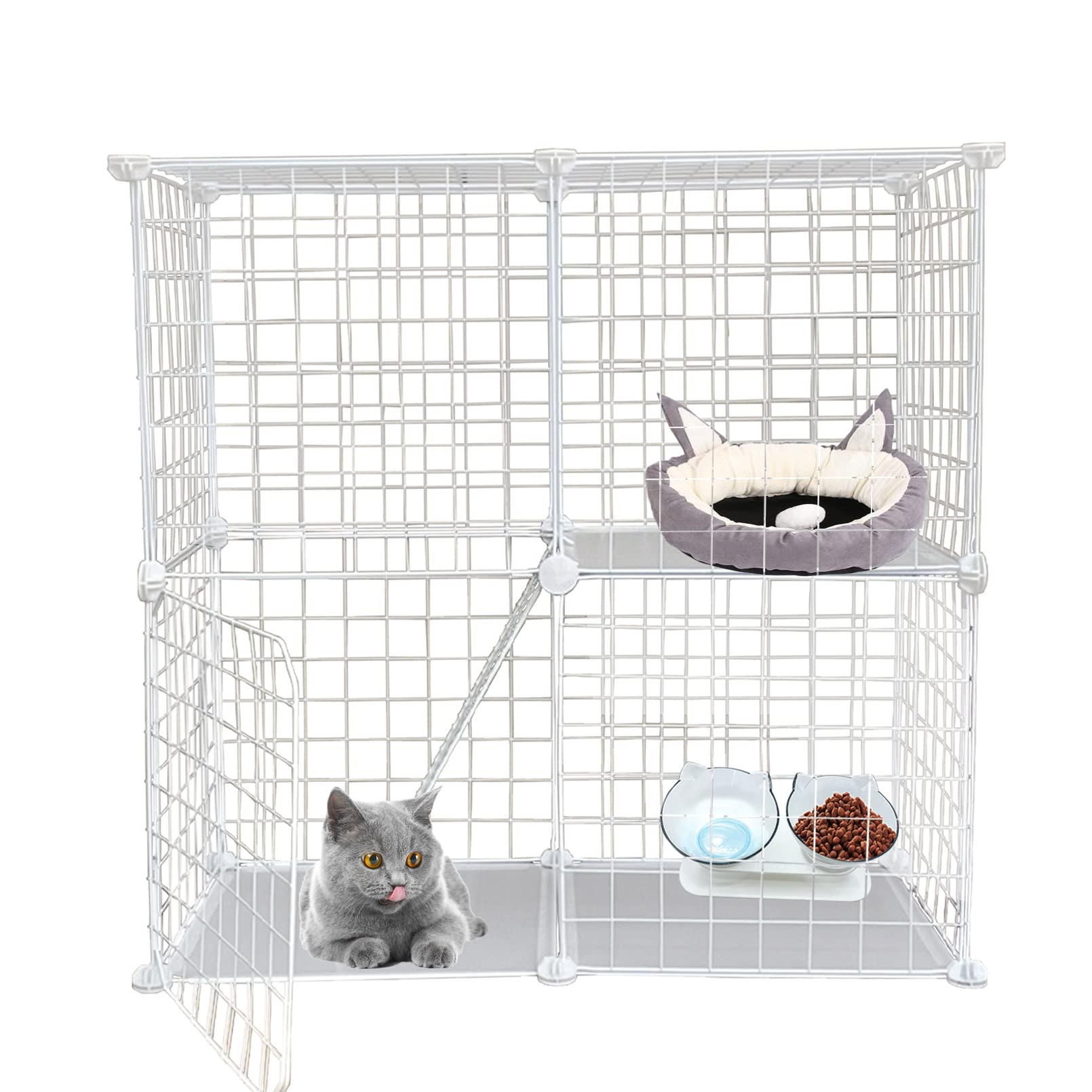 MUYG 2-Tier DIY Cat Cage,Small Animal Indoor Detachable Metal Cage,Cats Kennels Crate Large Exercise Place Playpen Kitten Enclosure with 2 Doors,29.5x15.3x28.7 Inch White