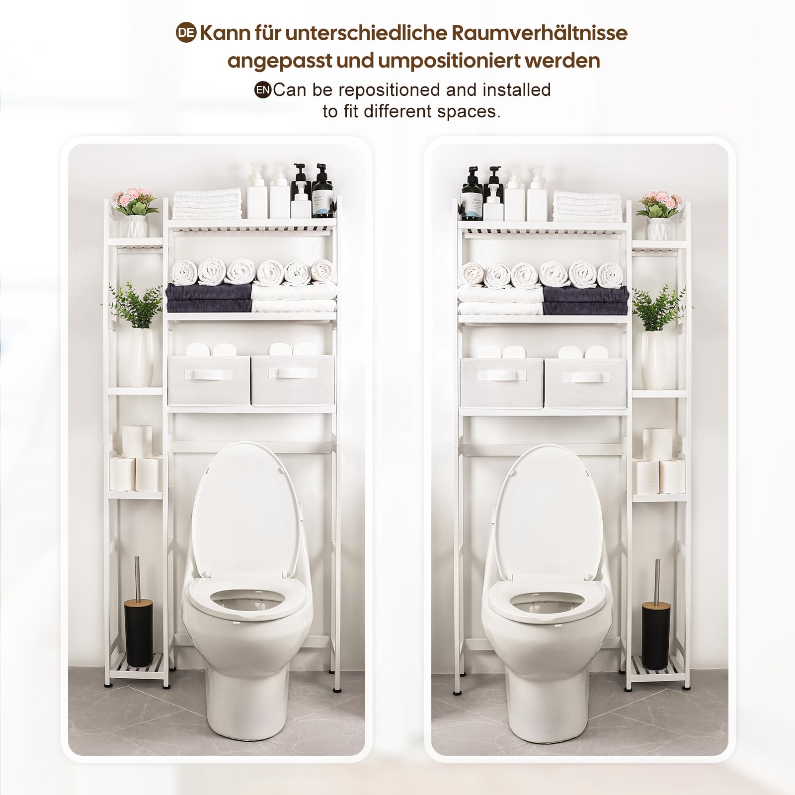 Yorbay Étagère WC en bambou : étagère de toilette à 3 étages et 2 paniers (blanc) | Réglable avec repose-pieds imperméable - Étagère de salle de bain multifonctionnelle - Peu encombrante - Montage facile